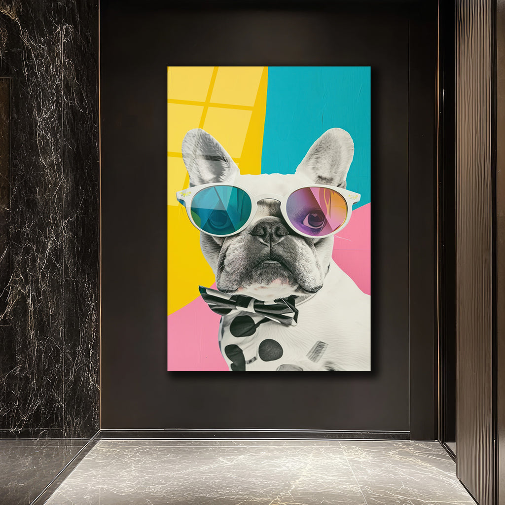 Havalı Fransız Bulldog Cam Tablo - Modern Sanat Duvar Dekoru