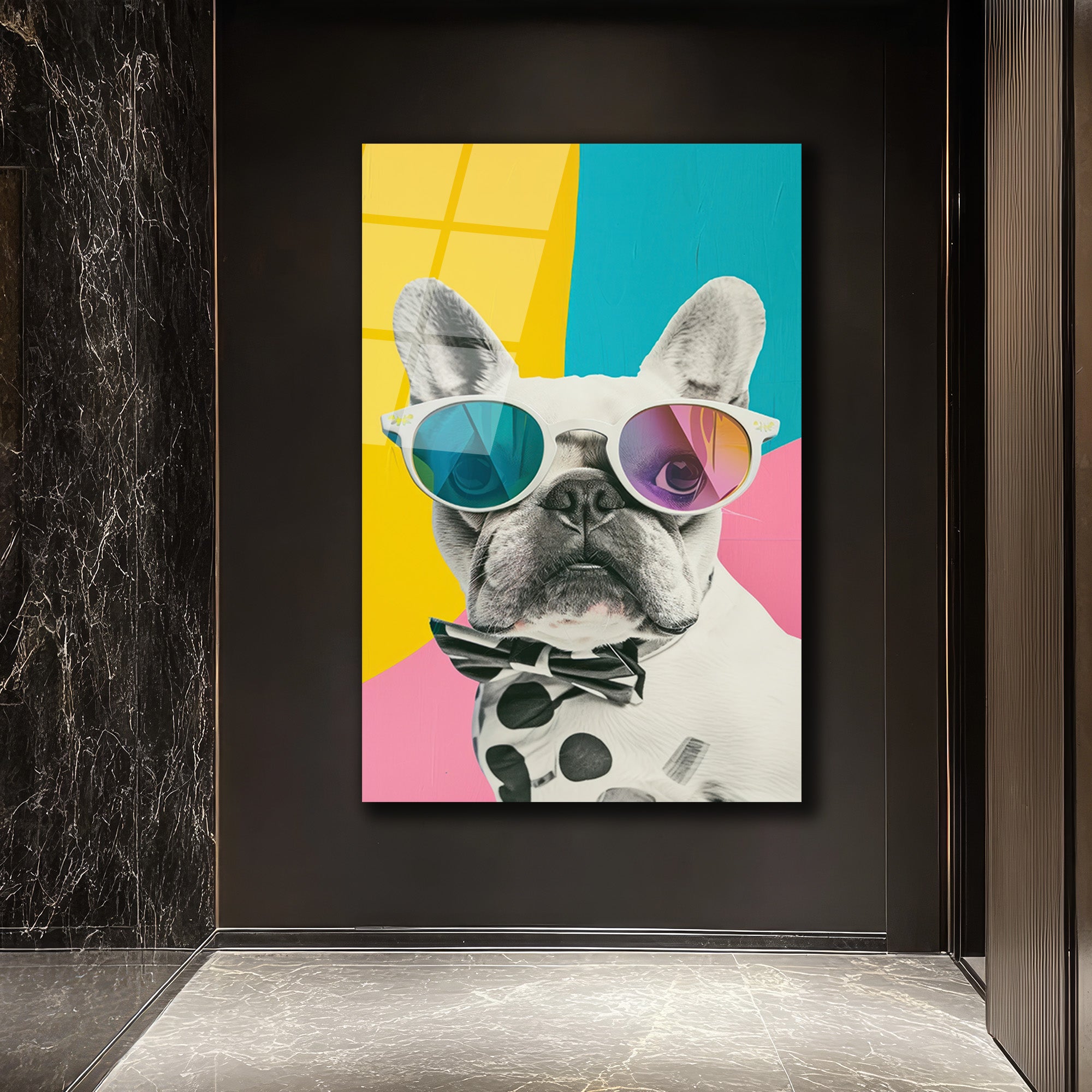 Havalı Fransız Bulldog Cam Tablo - Modern Sanat Duvar Dekoru