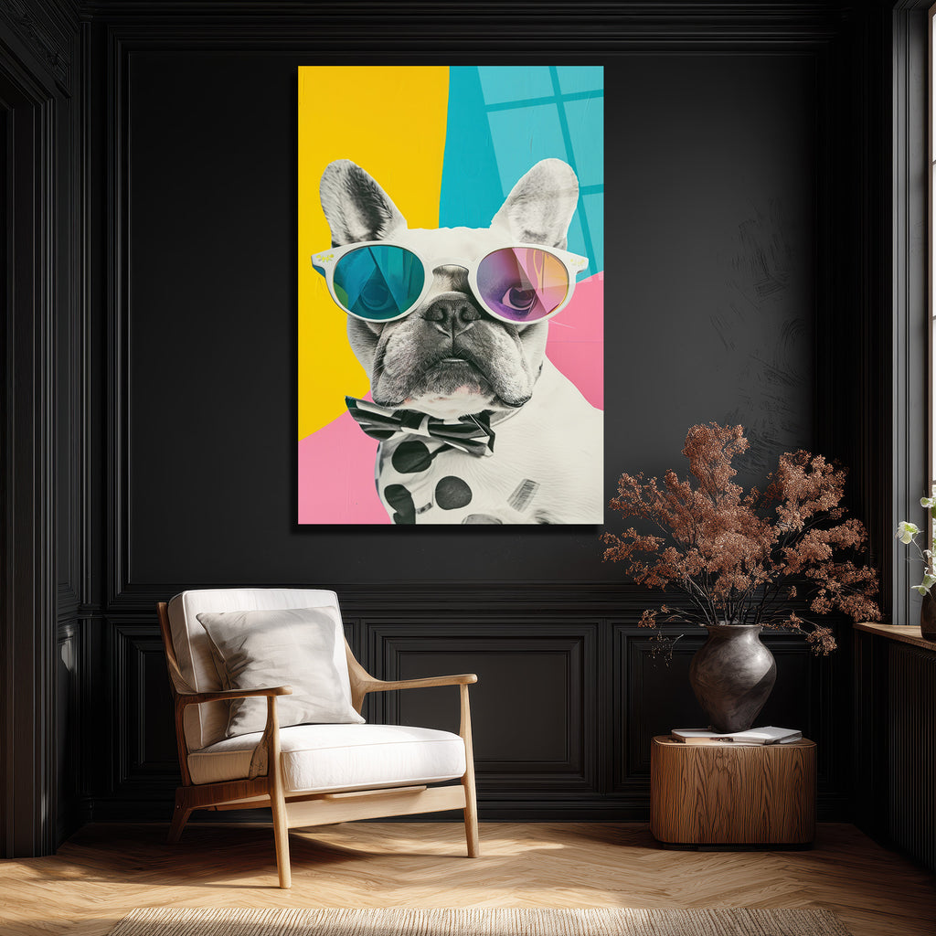 Havalı Fransız Bulldog Cam Tablo - Modern Sanat Duvar Dekoru