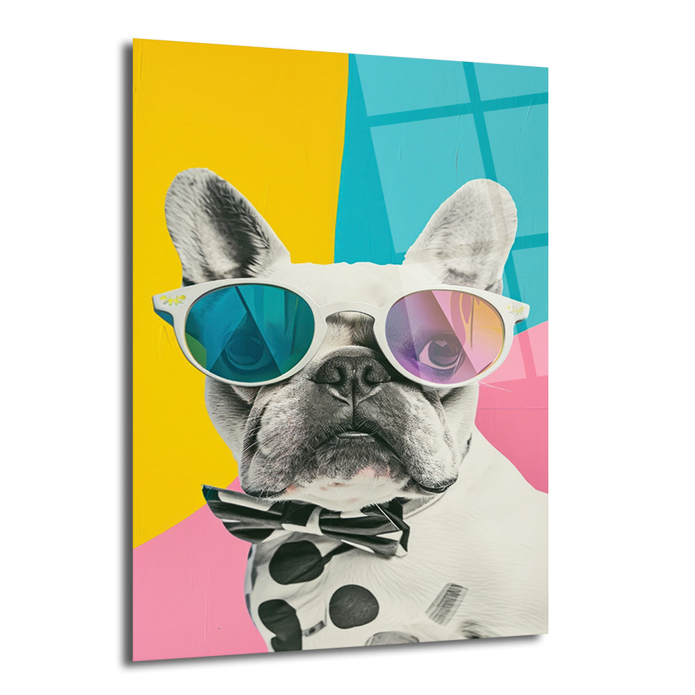 Renkli geometrik arka planda havalı güneş gözlüğü ve papyon takan Fransız Bulldog portresi, modern cam tablo.