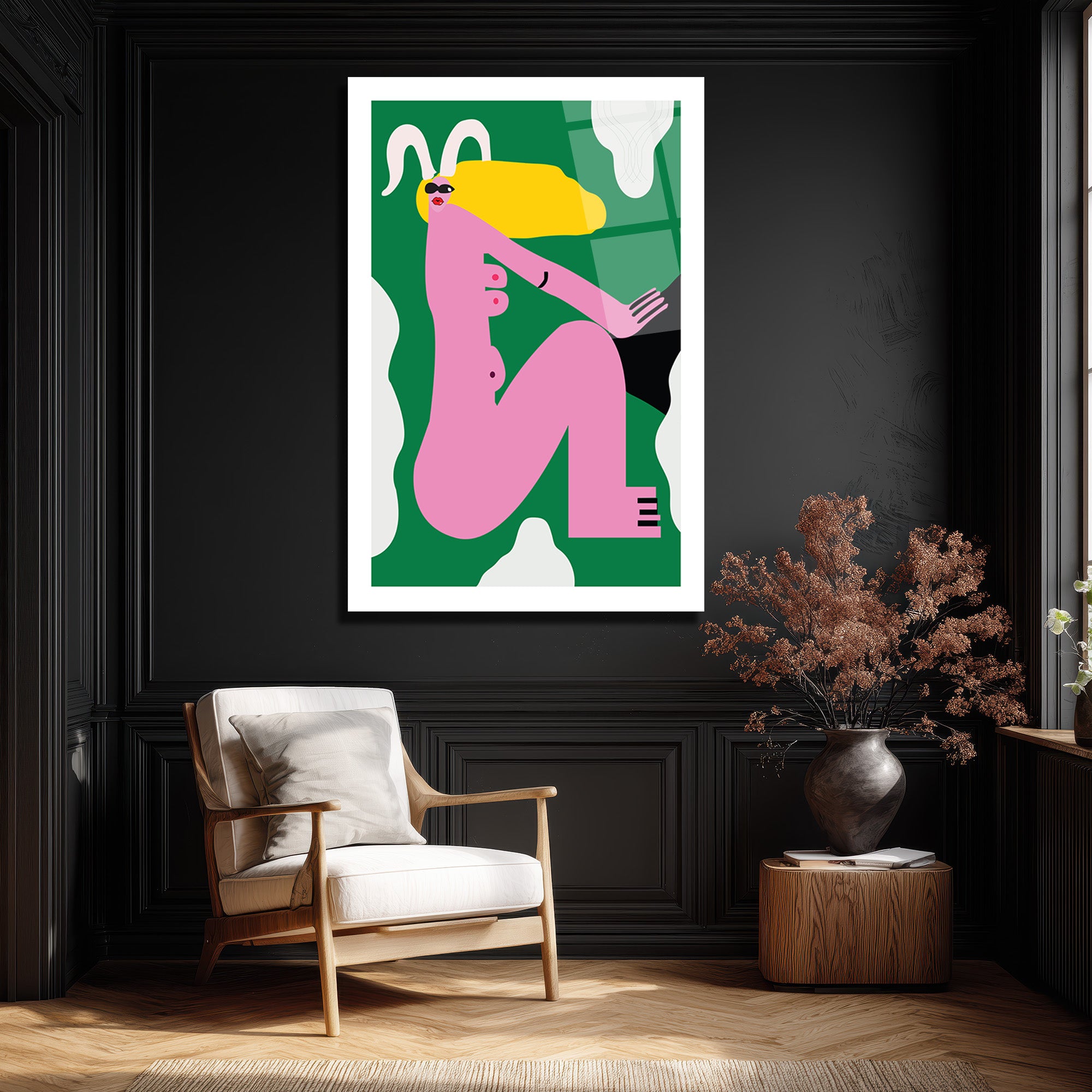 Cesur Pembe Figür ve Sarı Saçlar Modern Cam Tablo