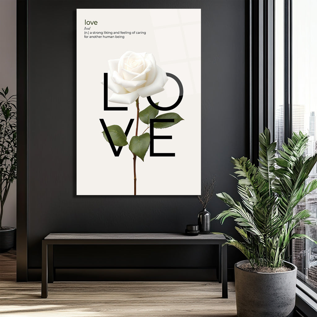 Aşk Tanımı ve Beyaz Gül Minimalist Cam Tablo