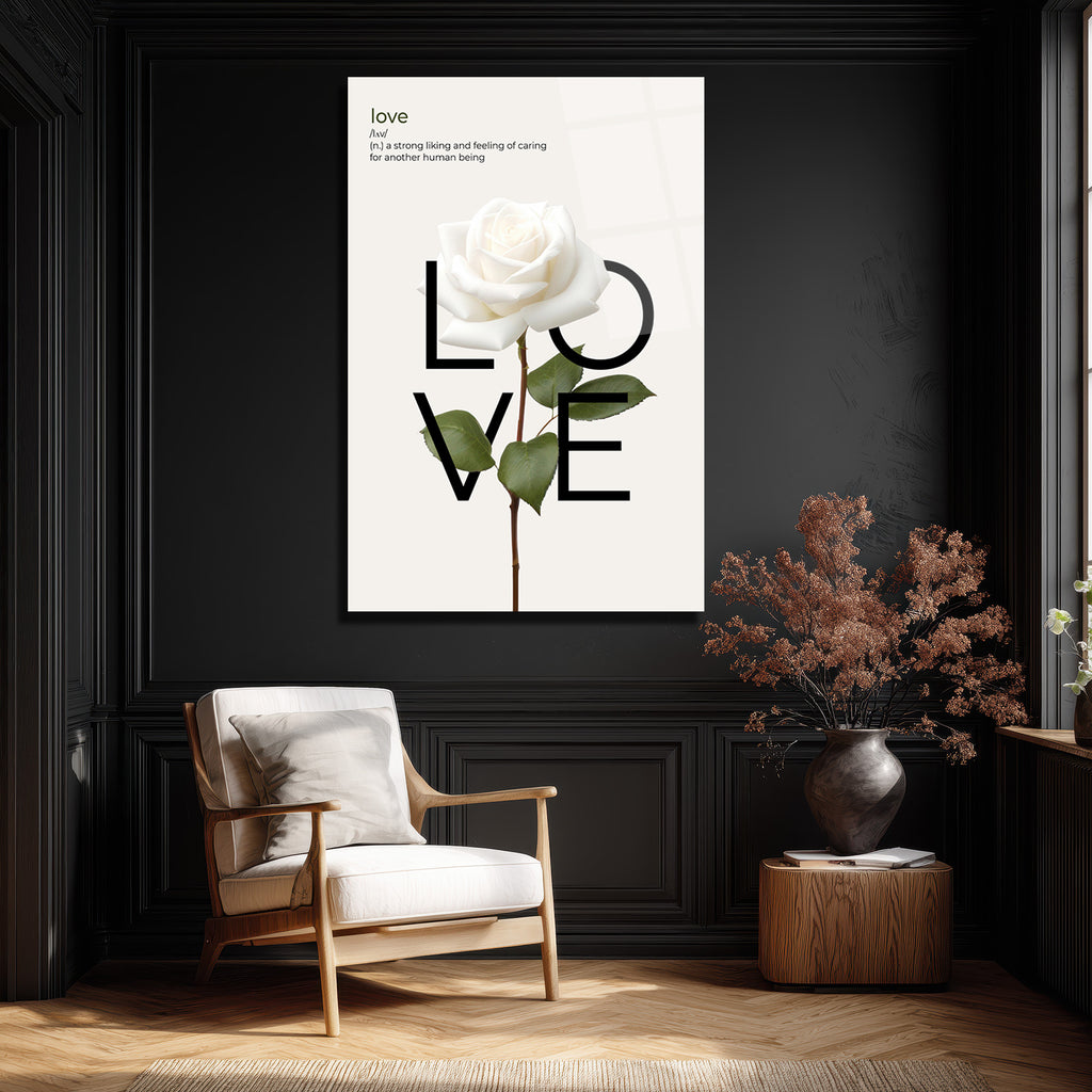 Aşk Tanımı ve Beyaz Gül Minimalist Cam Tablo