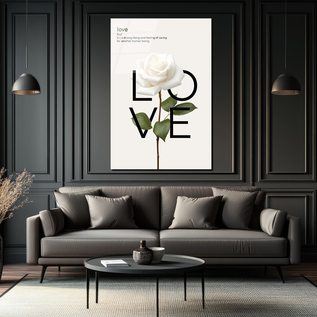 Aşk Tanımı ve Beyaz Gül Minimalist Cam Tablo