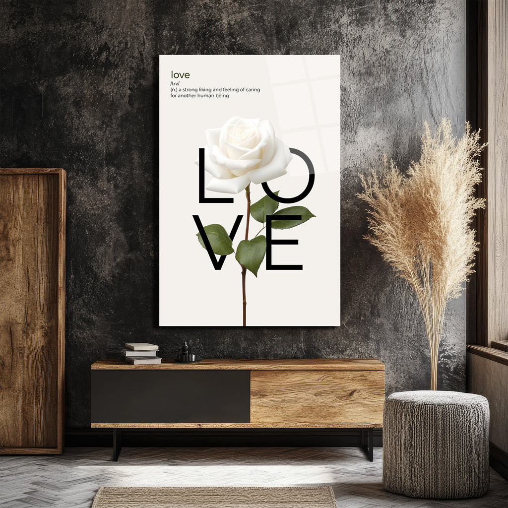 Aşk Tanımı ve Beyaz Gül Minimalist Cam Tablo