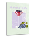 Açık yeşil ve mor tonlarında bir arka plan üzerinde, içinde kırmızı kokteyl olan bir martini kadehi ve yanında mor üzüm salkımı bulunan, 'MANHATTAN' yazılı cam tablo.