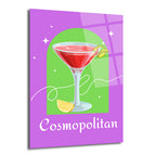 Mor ve yeşil arka planda kırmızı bir Cosmopolitan kokteyli, üzerinde limon dilimi ve bükülmüş limon kabuğu olan, modern ve renkli bir illüstrasyon cam tablo.