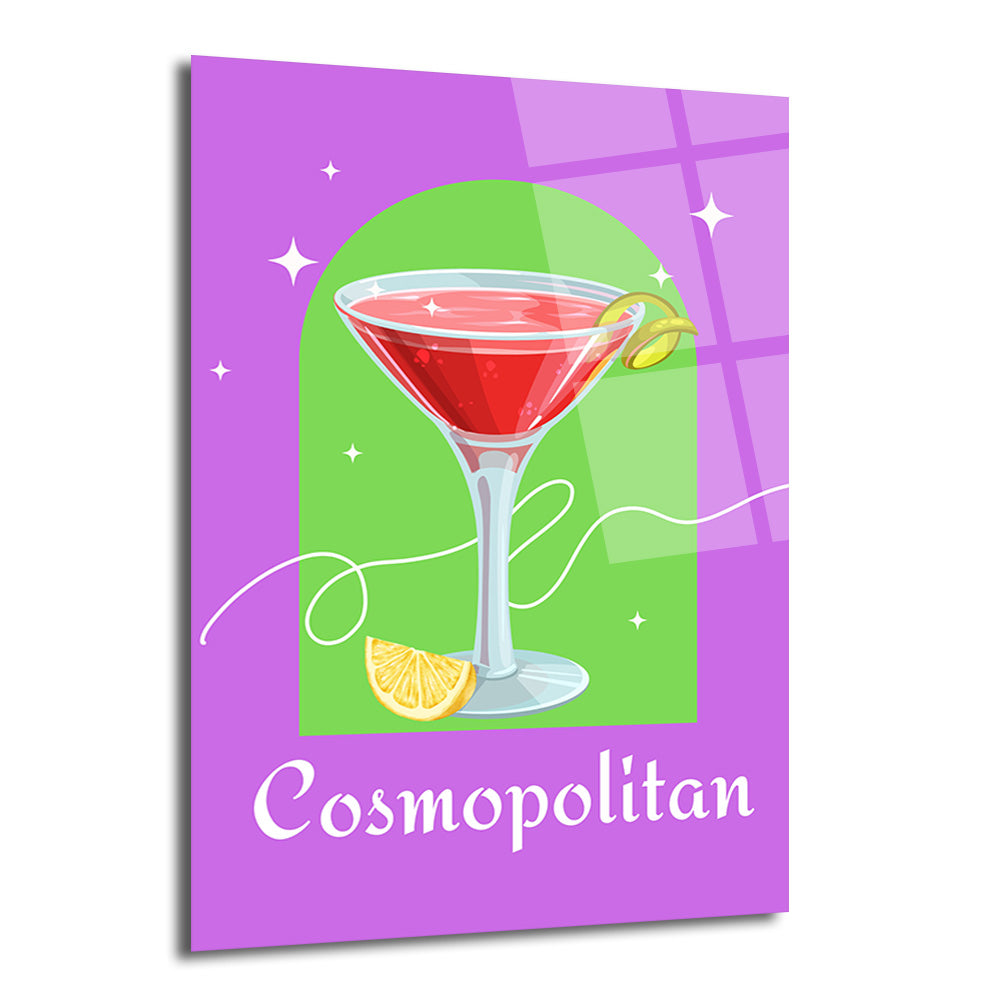 Mor ve yeşil arka planda kırmızı bir Cosmopolitan kokteyli, üzerinde limon dilimi ve bükülmüş limon kabuğu olan, modern ve renkli bir illüstrasyon cam tablo.