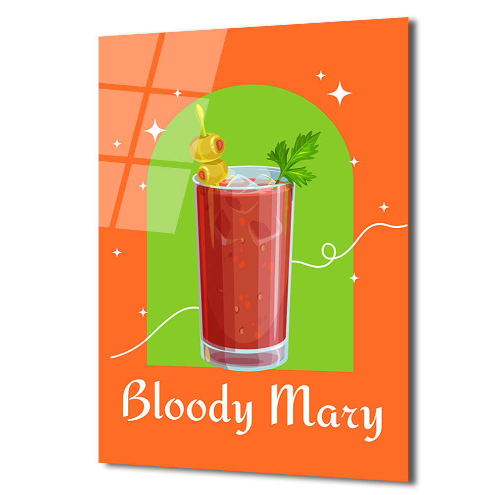 Bloody Mary Kokteyl İllüstrasyonu Cam Tablo | Retro Mutfak Duvar Sanatı