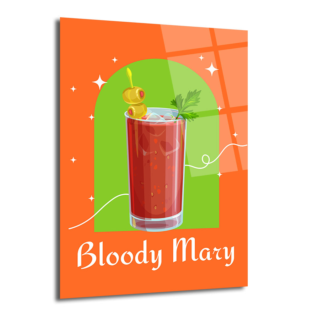 Canlı turuncu ve yeşil tonlarda, retro tarzda bir Bloody Mary kokteyli cam tablo illüstrasyonu. Uzun bir bardakta, zeytin ve kereviz sapı garnitürlü, kırmızı kokteyl önde, arkasında yeşil kemerli bir tasarım ve turuncu bir çerçeve içinde beyaz yıldızlar bulunuyor. Alt kısımda beyaz 'Bloody Mary' yazısı yer alıyor.