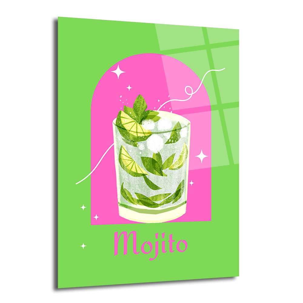 Parlak yeşil ve fuşya pembe arka plan üzerinde, nane yaprakları ve misket limonu dilimleriyle dolu buzlu bir Mojito kokteylini gösteren illüstrasyon cam tablo. 'Mojito' yazısı altta yer alıyor.