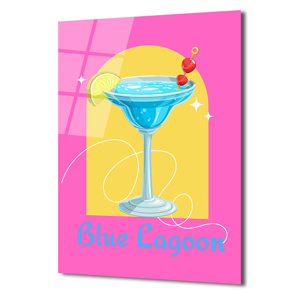 Blue Lagoon Kokteyl Temalı Canlı Renkler Cam Tablo