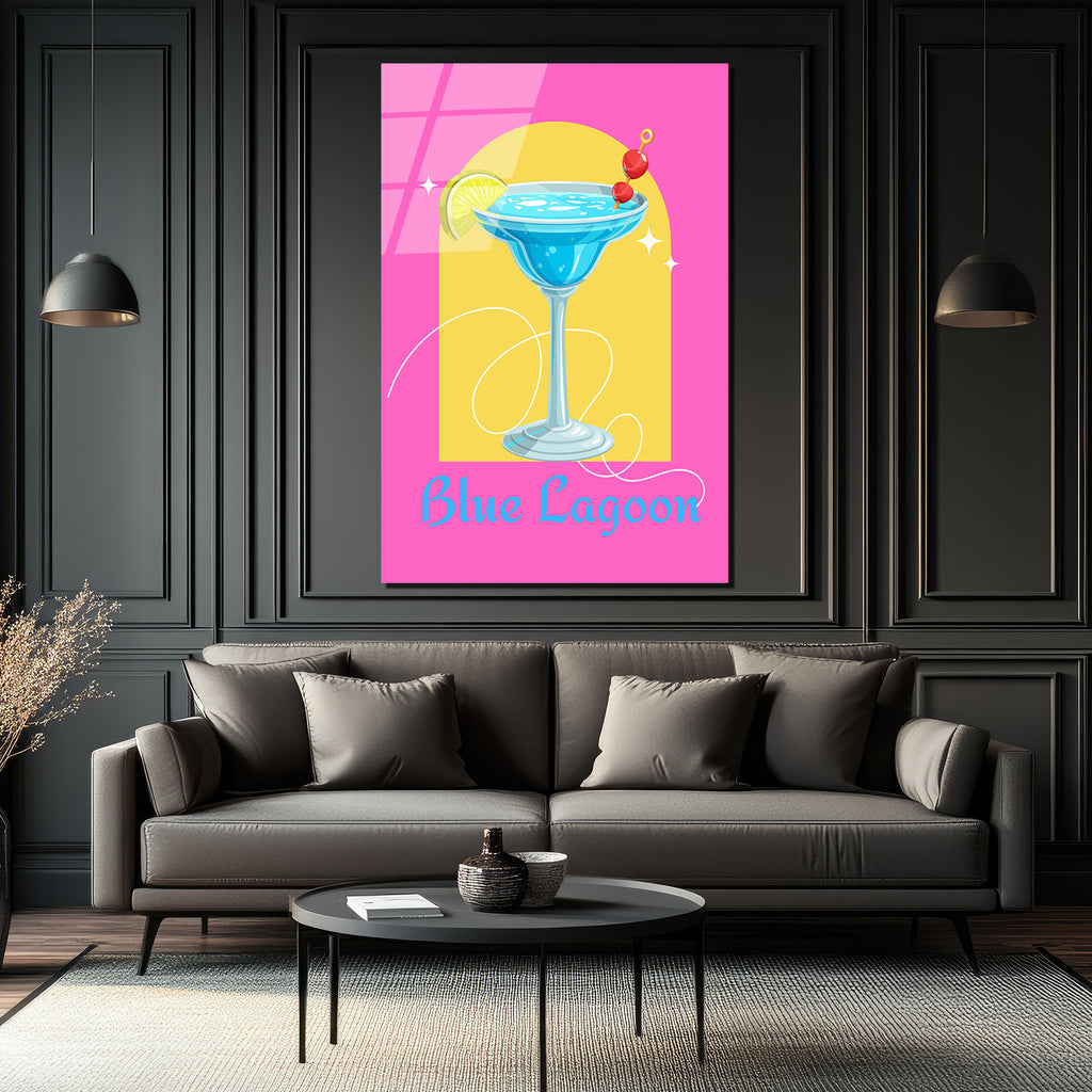 Blue Lagoon Kokteyl Temalı Canlı Renkler Cam Tablo