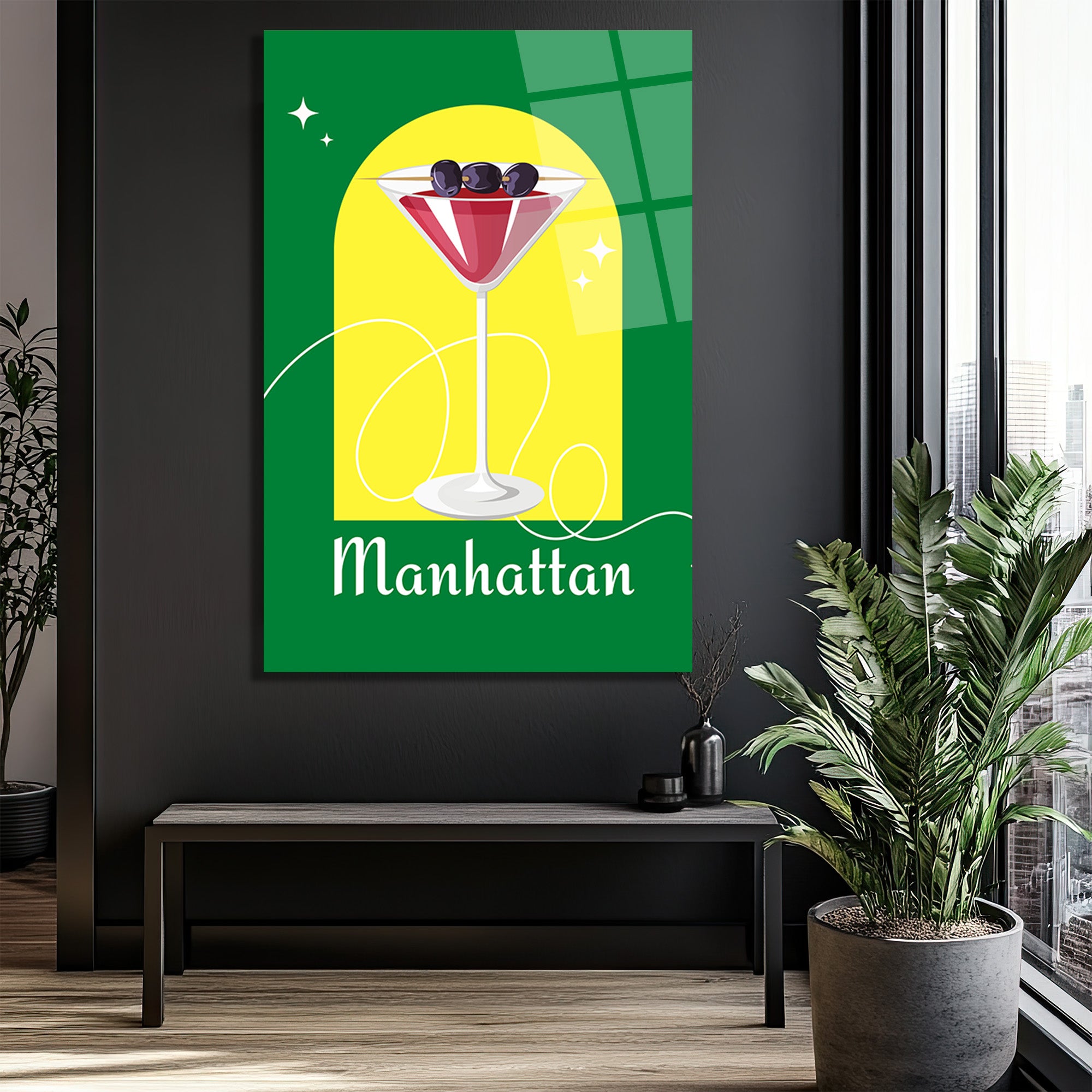 Manhattan Kokteyli Modern Cam Tablo - Duvar Sanatı