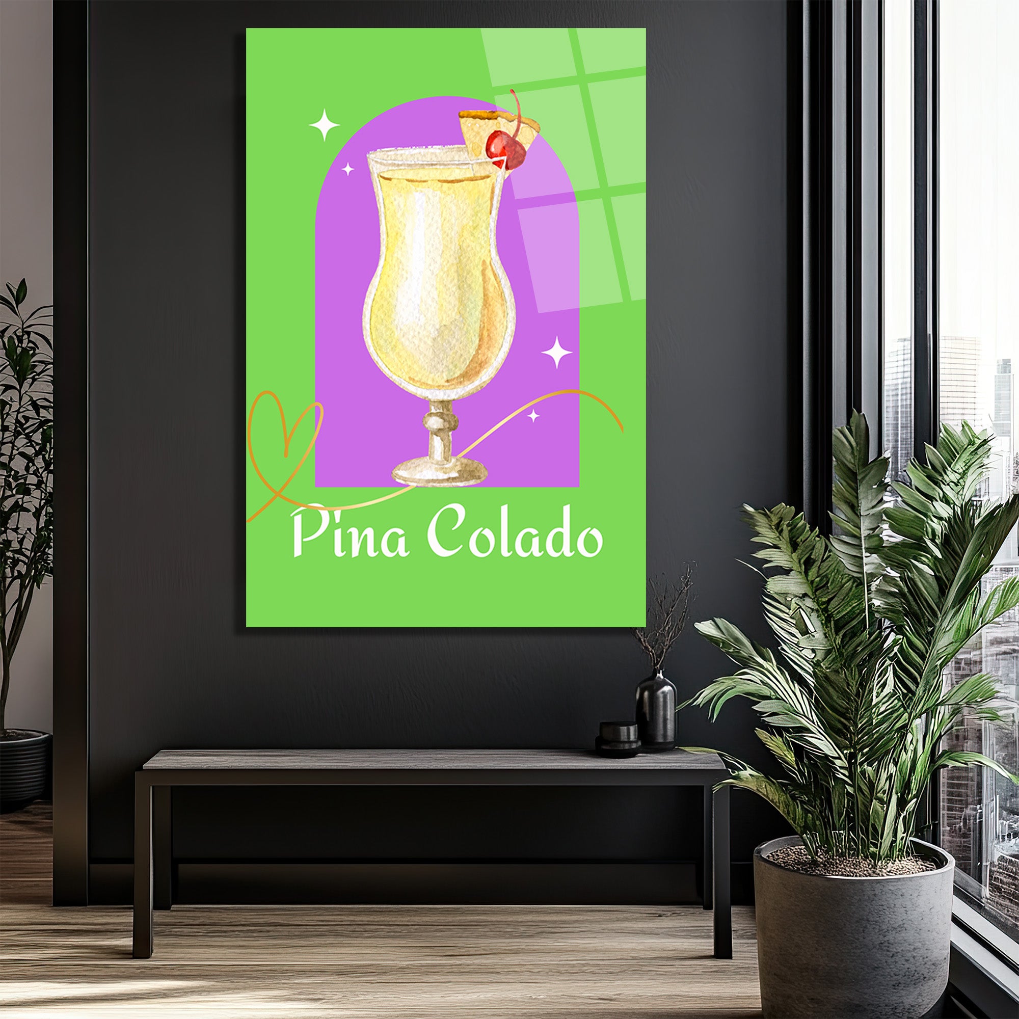 Pina Colada Tropikal Kokteyl Sanatı Cam Tablo