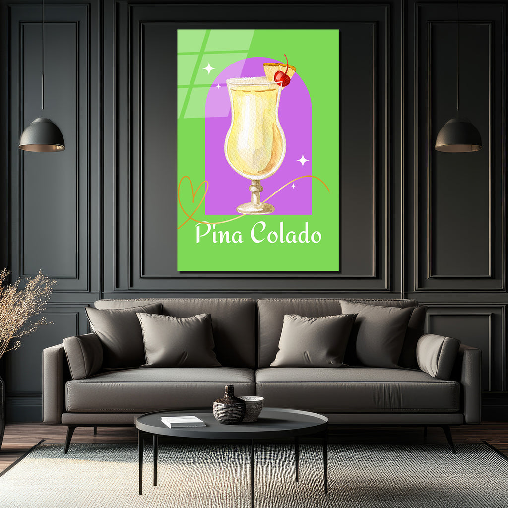 Pina Colada Tropikal Kokteyl Sanatı Cam Tablo