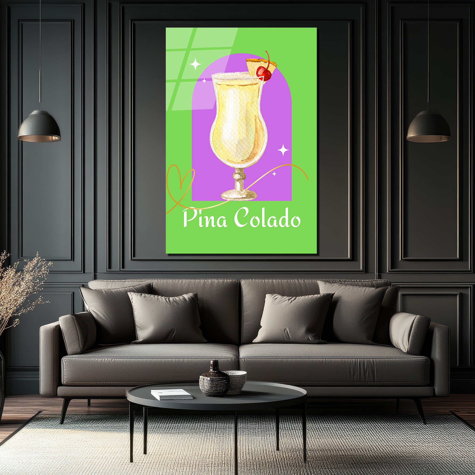 Pina Colada Tropikal Kokteyl Sanatı Cam Tablo