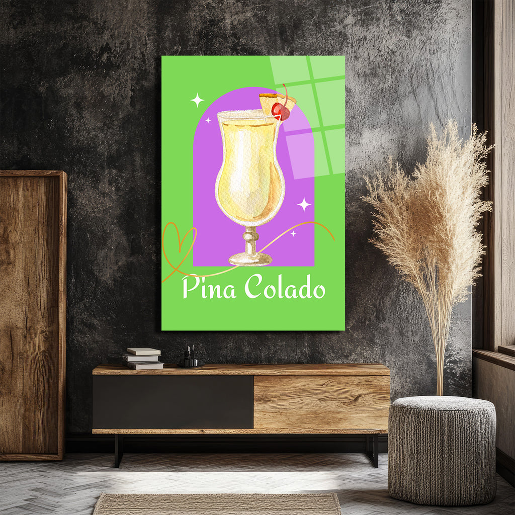 Pina Colada Tropikal Kokteyl Sanatı Cam Tablo