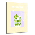 Açık sarı zemin üzerinde, mor bir dikdörtgen içinde, taze nane yaprakları, buz küpleri ve misket limonu dilimleriyle dolu bir Mojito kokteylinin minimalist çizimi olan cam tablo. Üstte "MOJITO" yazısı bulunuyor.