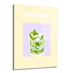 Açık sarı zemin üzerinde, mor bir dikdörtgen içinde, taze nane yaprakları, buz küpleri ve misket limonu dilimleriyle dolu bir Mojito kokteylinin minimalist çizimi olan cam tablo. Üstte "MOJITO" yazısı bulunuyor.