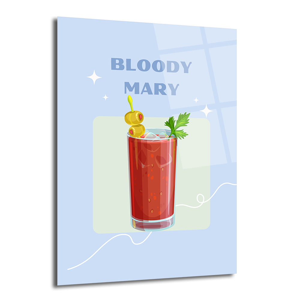 Açık mavi zeminde, yeşil dikdörtgen içinde kırmızı Bloody Mary kokteylinin minimalist illüstrasyonu. Kokteyl zeytin ve maydanoz ile süslenmiş, üzerinde 'BLOODY MARY' yazısı bulunuyor.
