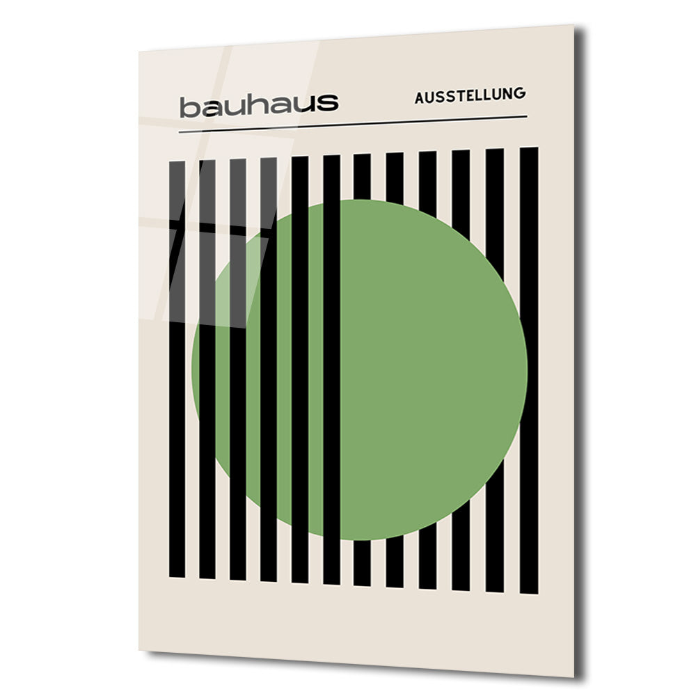 Krem rengi zeminde dikey siyah çizgiler ve ortalarında büyük yeşil bir dairenin yer aldığı, Bauhaus stilinde minimalist bir cam tablo.