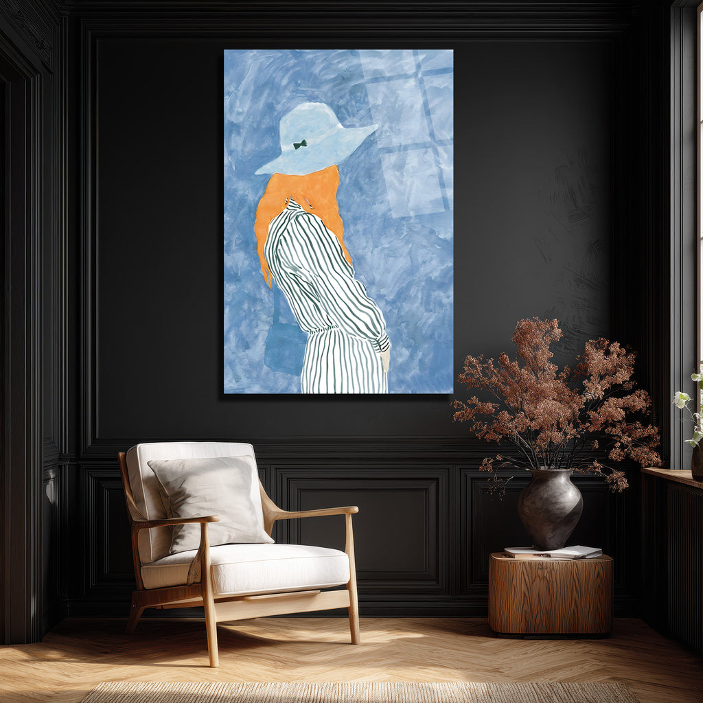 Gizemli Şapkalı Kadın Modern Sanat Cam Tablo