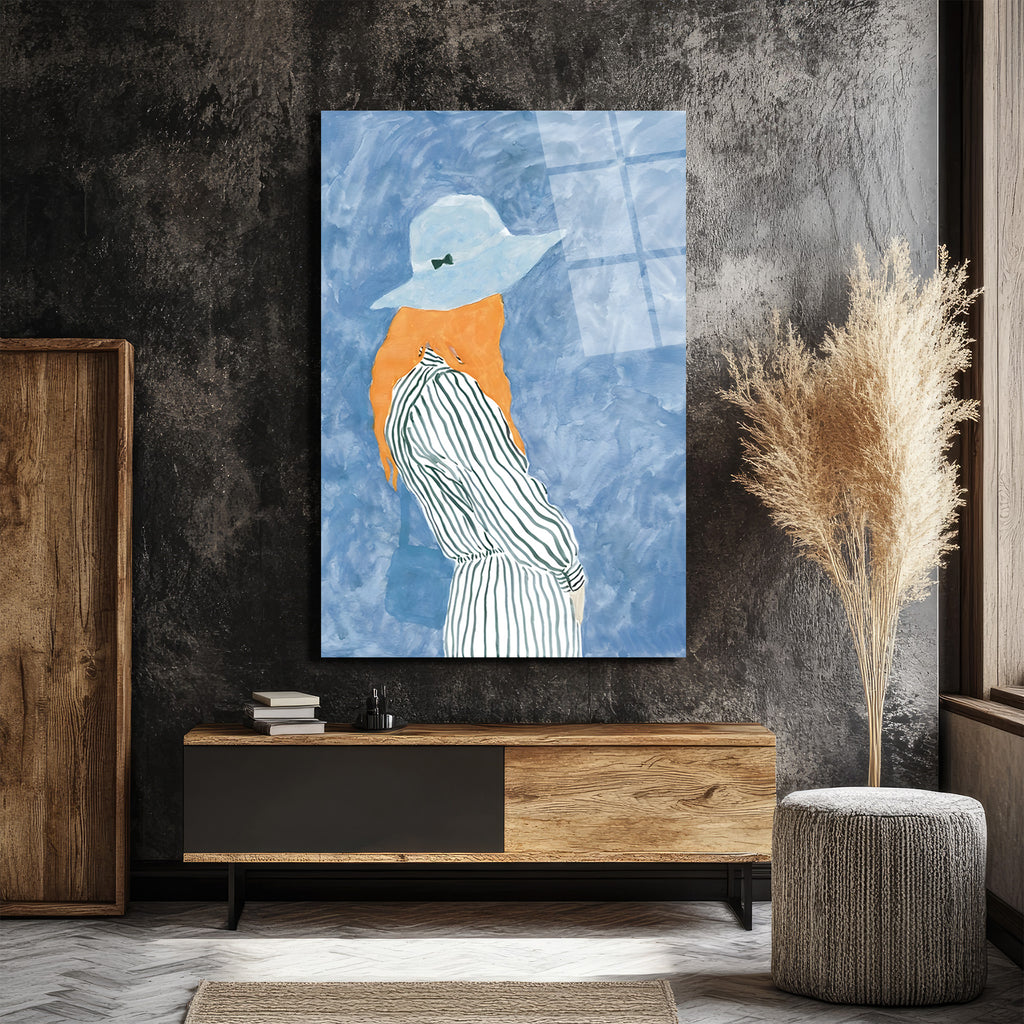 Gizemli Şapkalı Kadın Modern Sanat Cam Tablo