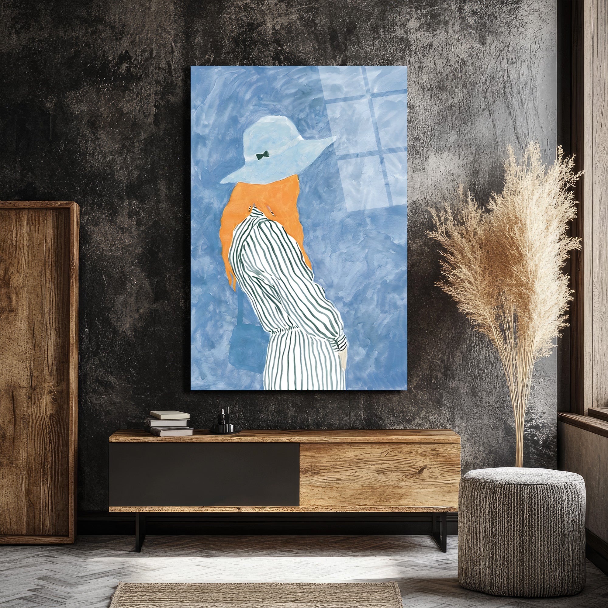 Gizemli Şapkalı Kadın Modern Sanat Cam Tablo