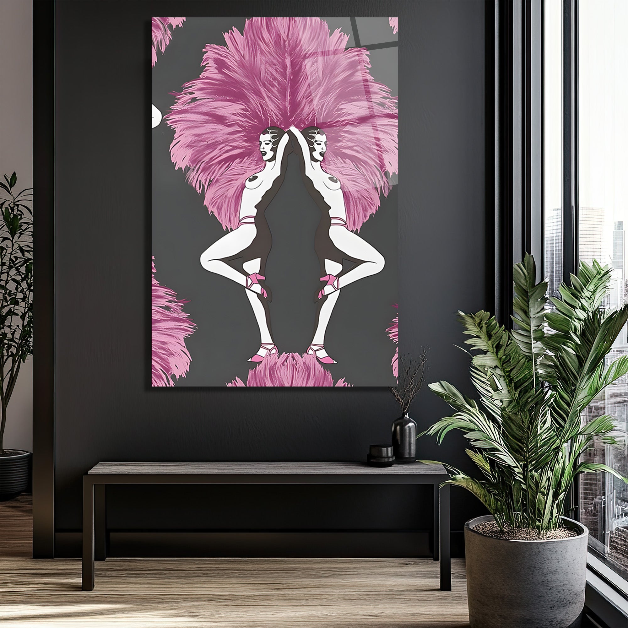Art Deco Ruhu: Pembe Tüylü Dansçılar Cam Tablo