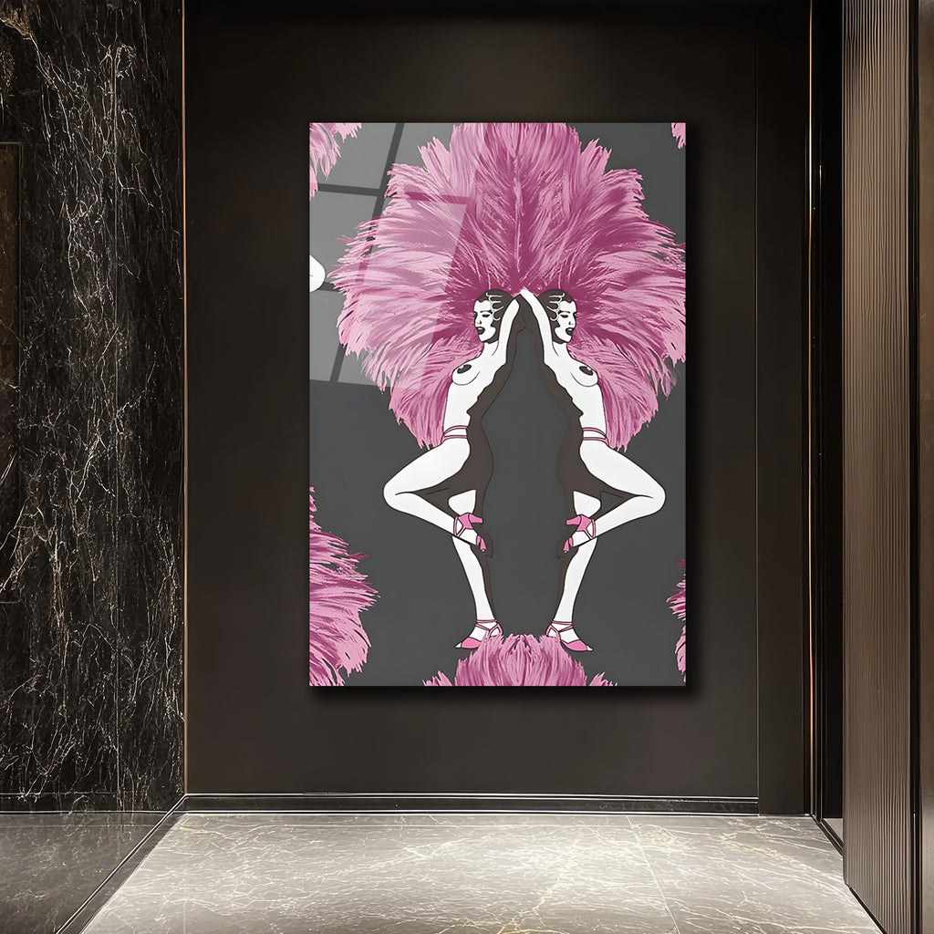 Art Deco Ruhu: Pembe Tüylü Dansçılar Cam Tablo