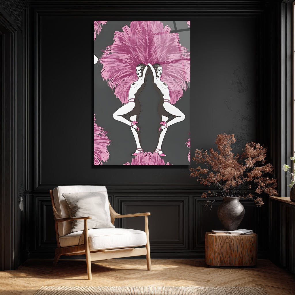 Art Deco Ruhu: Pembe Tüylü Dansçılar Cam Tablo