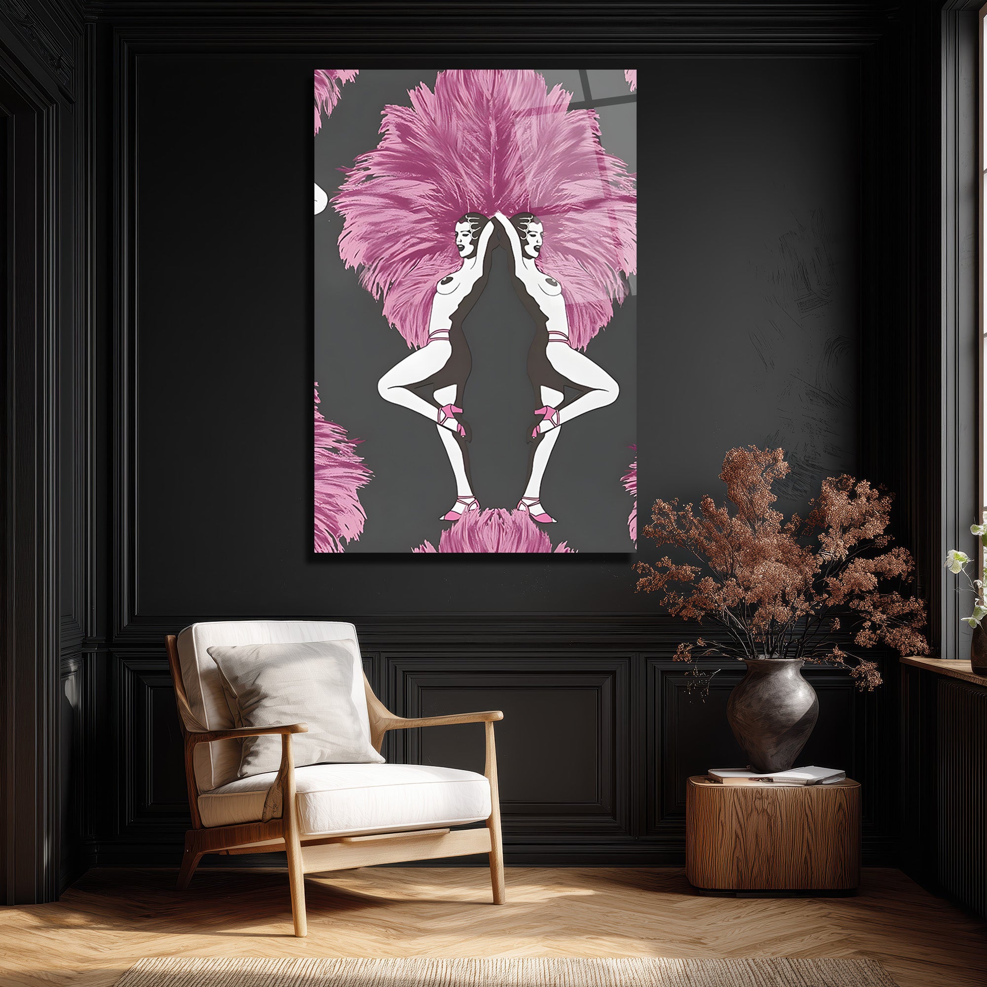 Art Deco Ruhu: Pembe Tüylü Dansçılar Cam Tablo