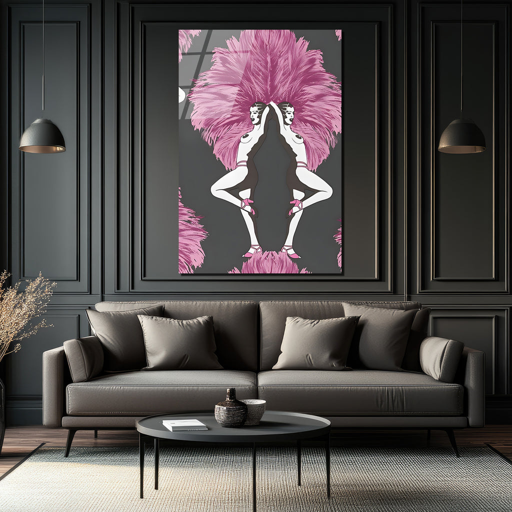 Art Deco Ruhu: Pembe Tüylü Dansçılar Cam Tablo