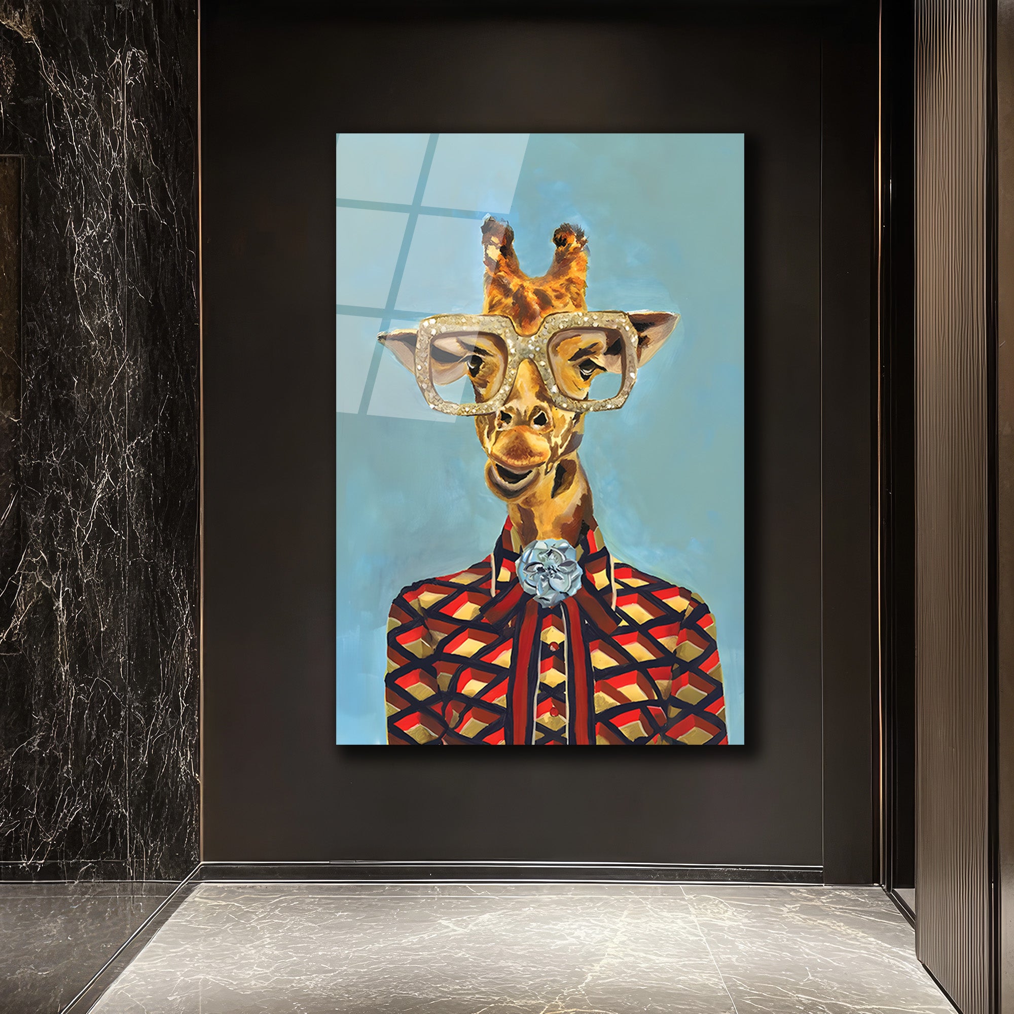Şık Gözlüklü Zürafa Cam Tablo - Modern Sanat Duvar Dekoru