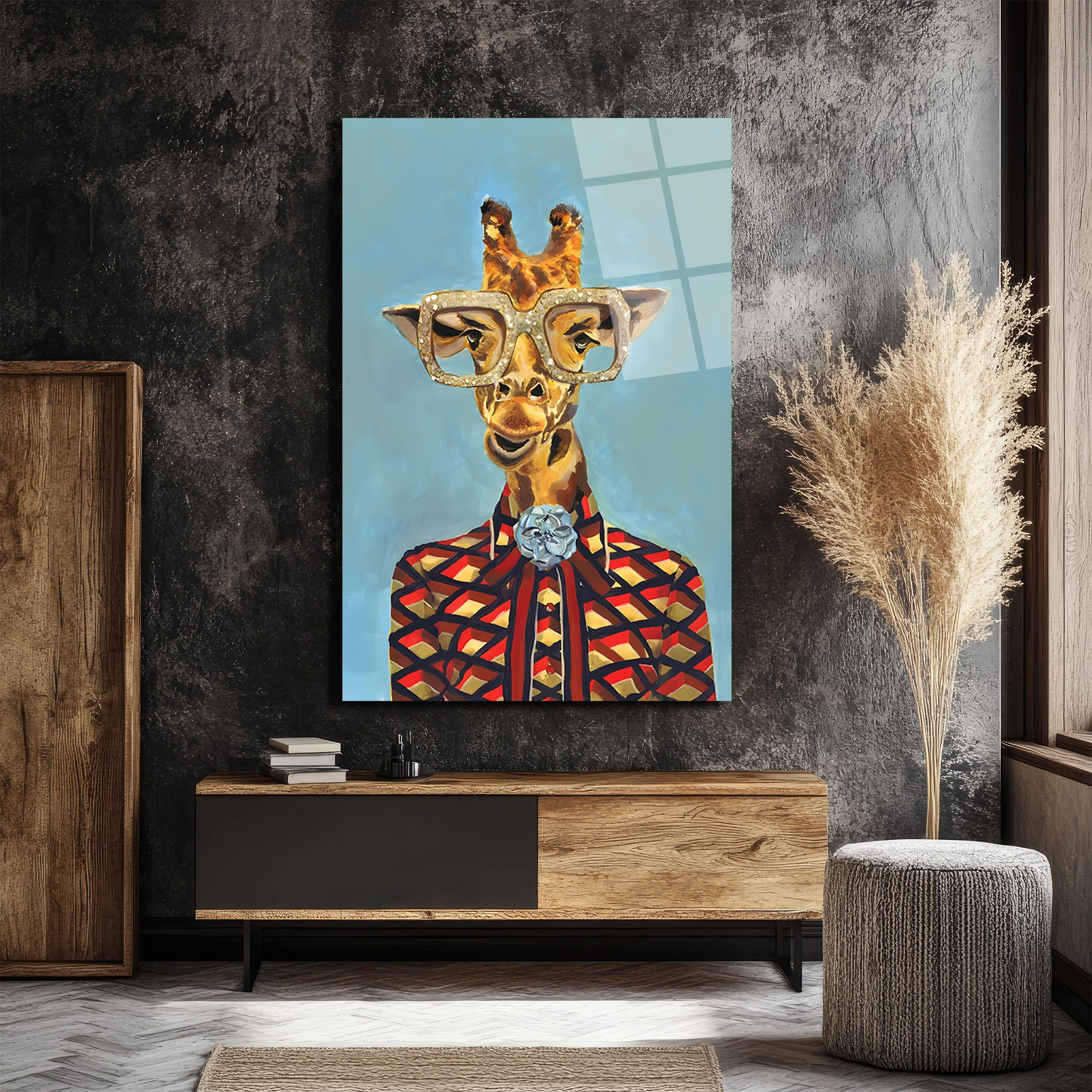 Şık Gözlüklü Zürafa Cam Tablo - Modern Sanat Duvar Dekoru