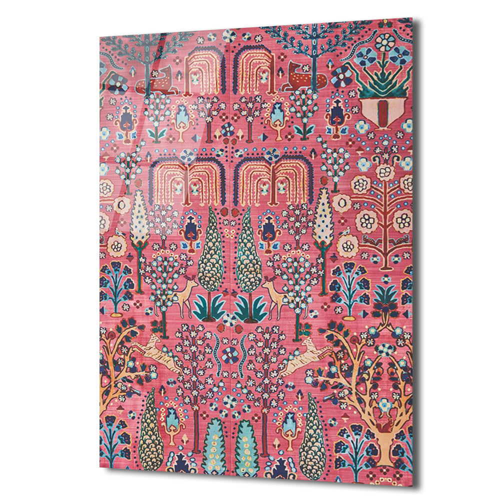 Büyüleyici Fars Bahçesi Desenli Pembe Cam Tablo