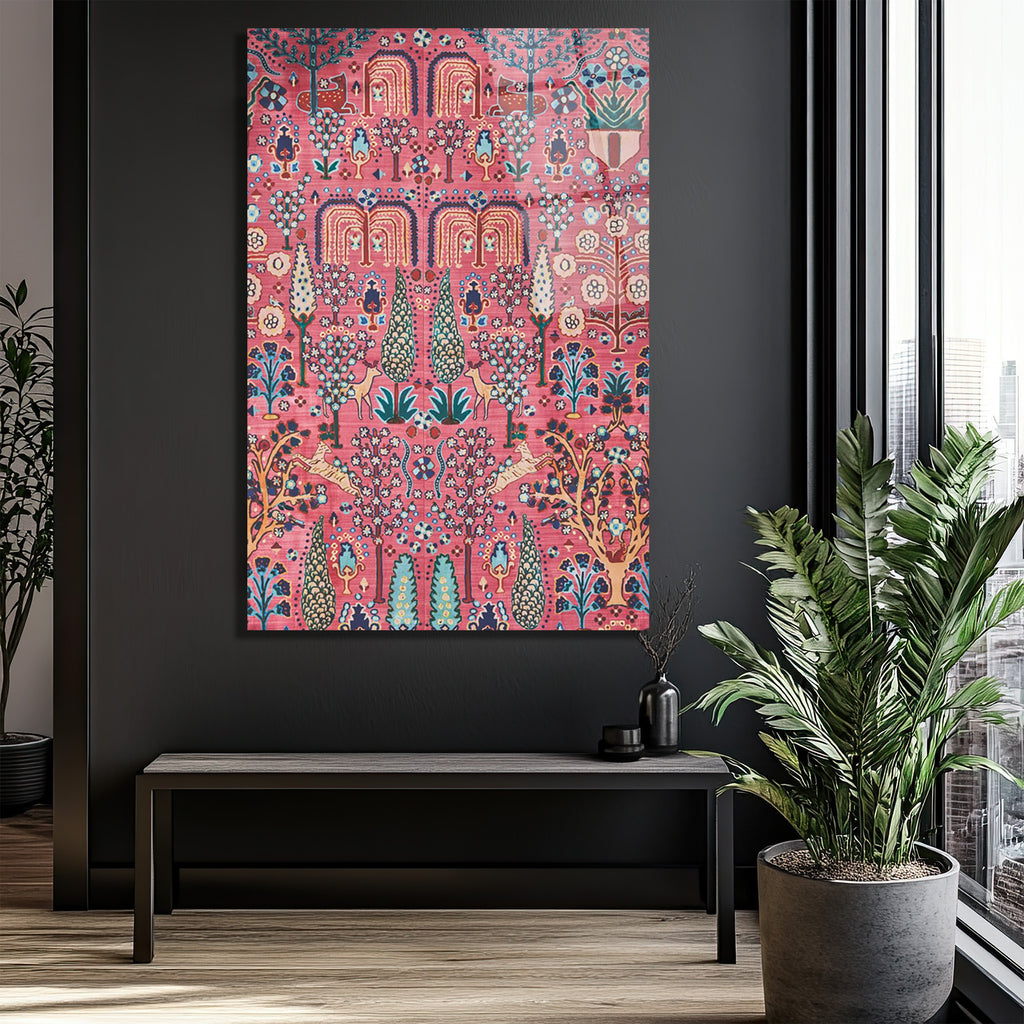 Büyüleyici Fars Bahçesi Desenli Pembe Cam Tablo