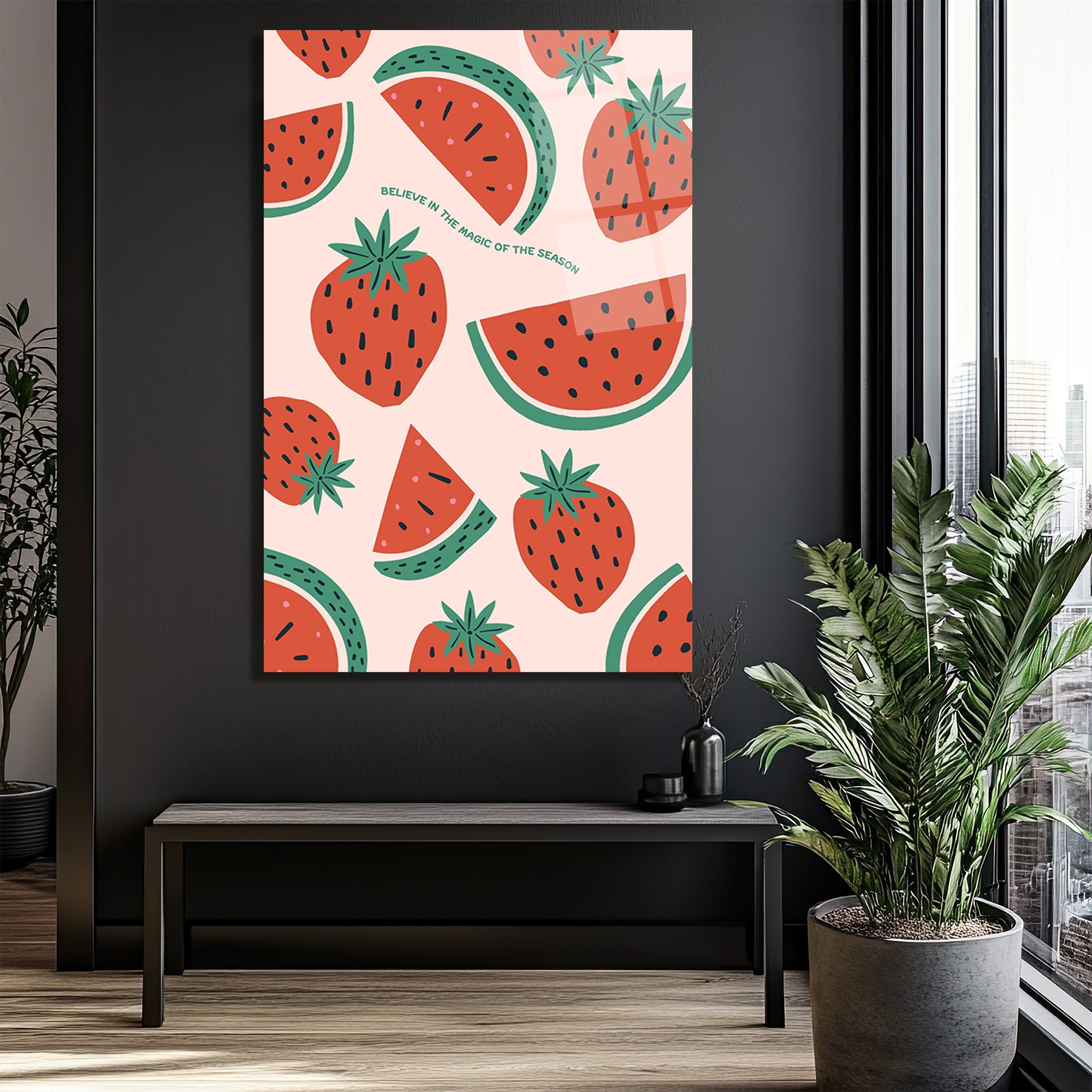 Yaz Neşesi Çilek ve Karpuz Desenli Modern Cam Tablo