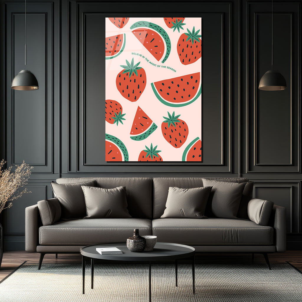 Yaz Neşesi Çilek ve Karpuz Desenli Modern Cam Tablo