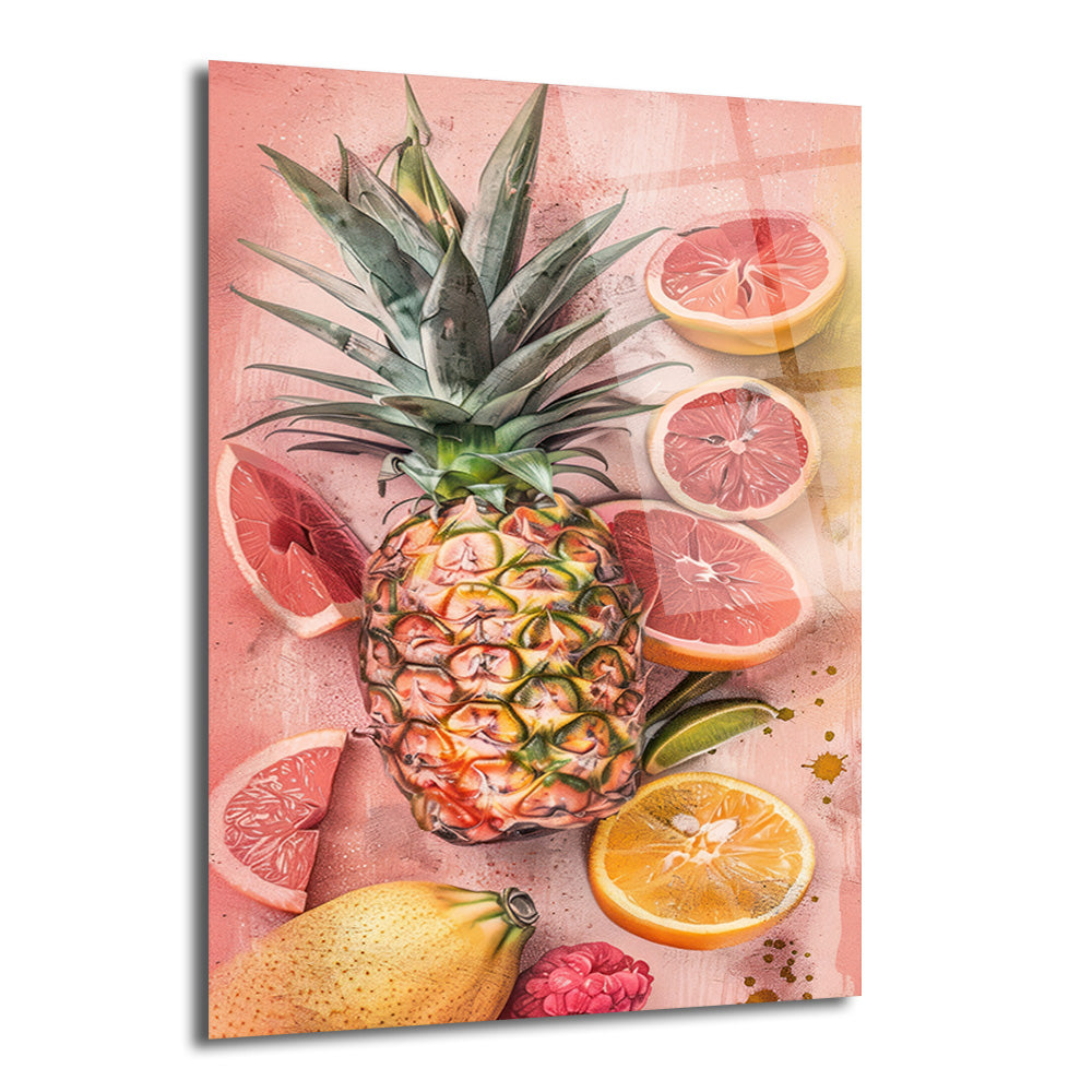 Pembe arka plan üzerinde ananas, dilimlenmiş greyfurt ve portakal, limon ve ahududu gibi tropikal meyvelerin canlı ve sanatsal bir düzenlemesini gösteren cam tablo.