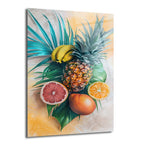 Parlak renklerde ananas, muz, greyfurt, portakal ve tropikal yaprakların yer aldığı, çizim tarzında bir cam tablo.