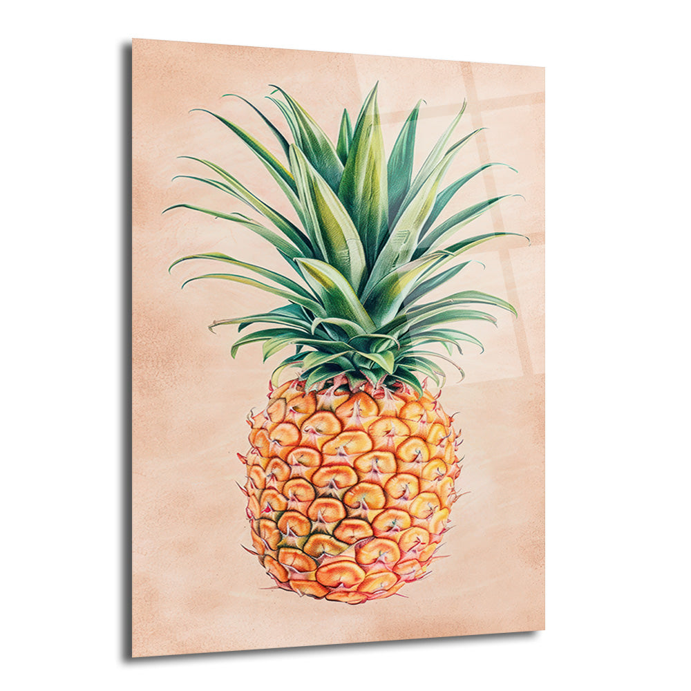 Şeftali tonlarında arka plan üzerinde canlı yeşil yapraklı ve turuncu sarı renklerde tek bir ananas illüstrasyonu içeren dikdörtgen cam tablo.