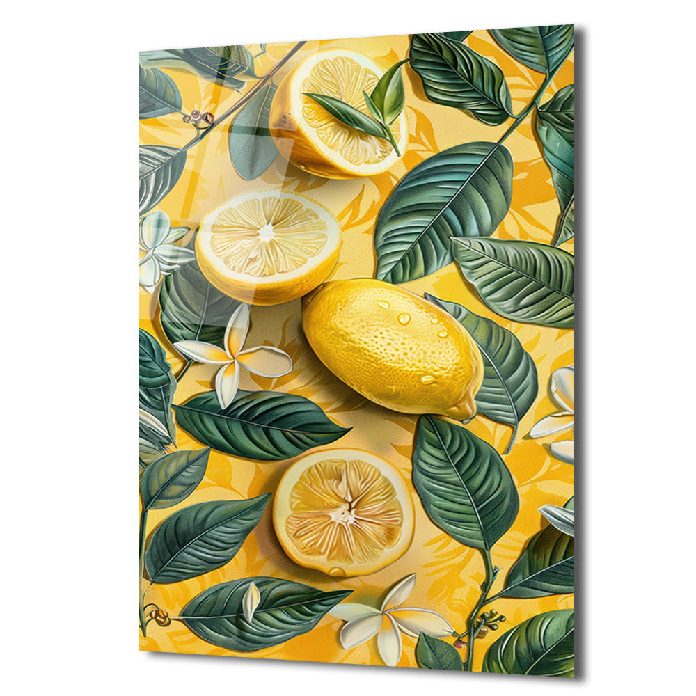 Canlı Sarı Limonlar ve Tropik Yapraklar Cam Tablo - Glazella