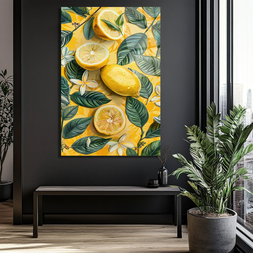 Canlı Sarı Limonlar ve Tropik Yapraklar Cam Tablo - Glazella
