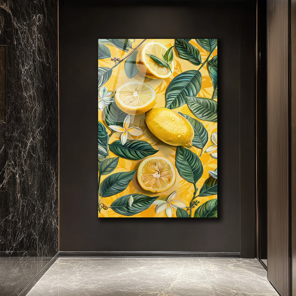 Canlı Sarı Limonlar ve Tropik Yapraklar Cam Tablo - Glazella