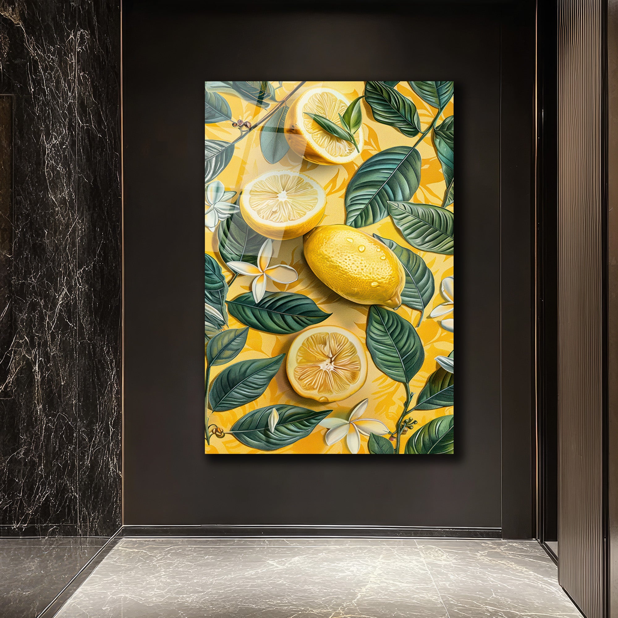 Canlı Sarı Limonlar ve Tropik Yapraklar Cam Tablo - Glazella