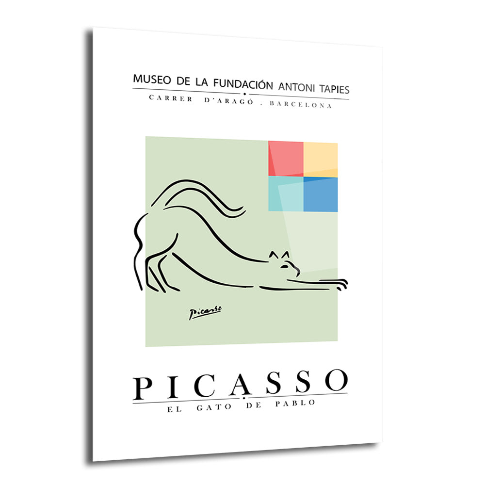 Beyaz zeminde, açık yeşil bir dikdörtgen içinde Picasso'nun uzanan minimalist siyah kedi çizimi ve üst sağda renkli kareler içeren modern cam tablo.