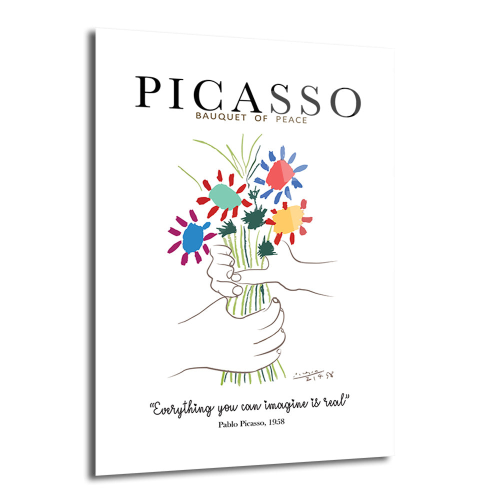 Beyaz zemin üzerinde, Picasso'nun "Barış Buketi" eserinden ilham alan, iki elin renkli ve stilize çiçeklerden oluşan bir buketi tuttuğu modern cam tablo. Üstte "PICASSO BOUQUET OF PEACE", altta "Everything you can imagine is real" yazısı yer alıyor.