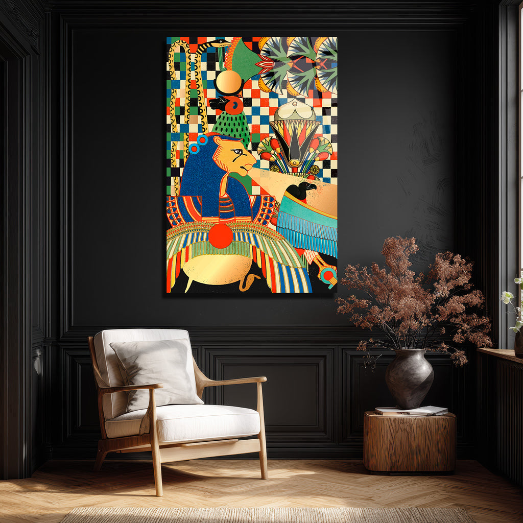 Antik Mısır Aslan Tanrıçası Temalı Renkli Cam Tablo